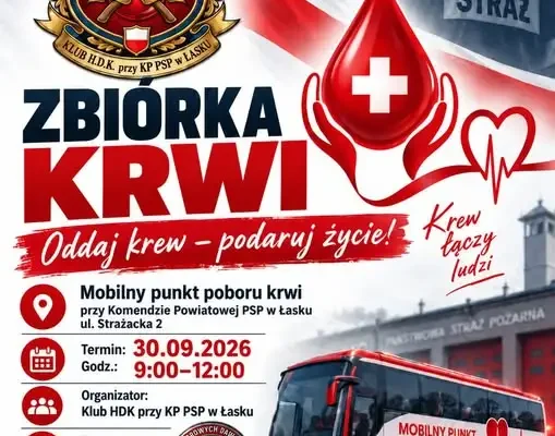 Zbiórka krwi w Łasku – krwiobus przy straży pożarnej 30 września